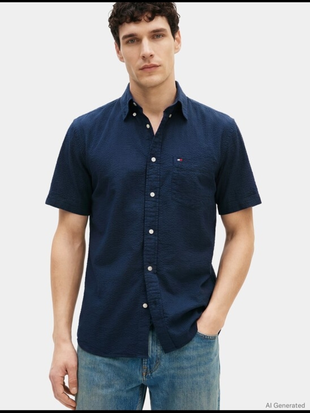 Tommy Hilfiger Navy Short-Sleeve Seersucker(waffle) FIt Shirt with Chest Pocket